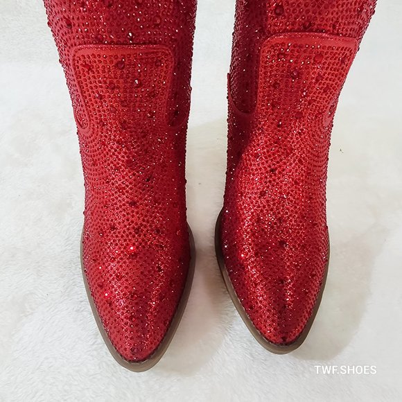 Dolly Red Rhinestone Glitter Disco Cowgirl Country Western Ankle Boots - Picture 10 of 11